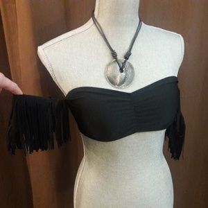 GB Bini Fringe Arm Cuffs Bandeau Bathing Suit Bra Top Black HOT $40 NEW S M Sexy